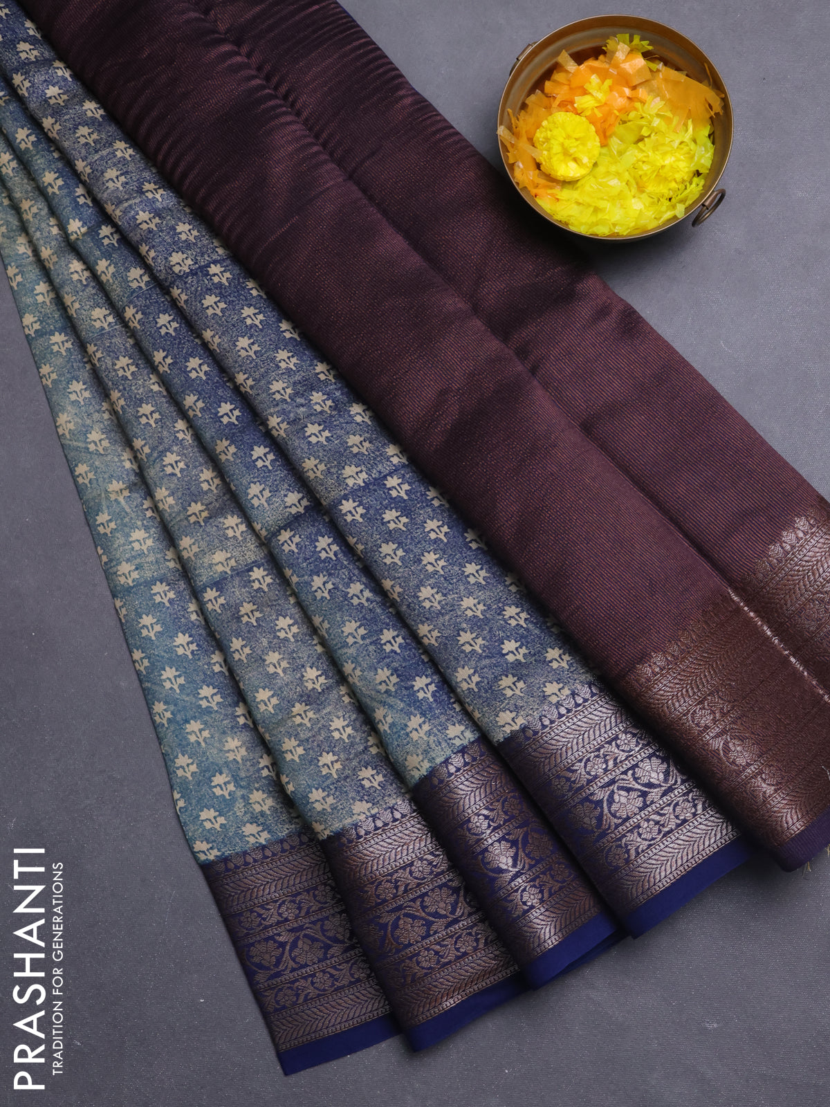 Chanderi silk cotton saree navy blue with allover butta prints and banarasi style border