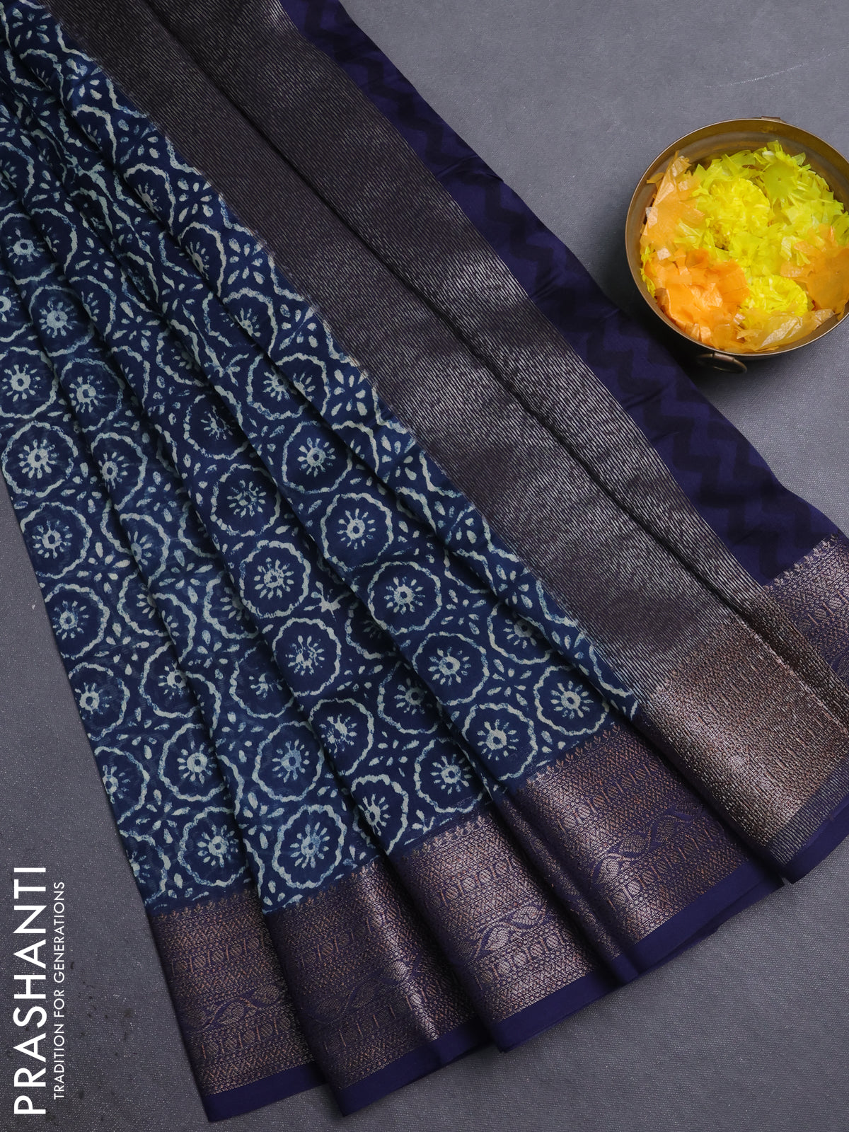Chanderi silk cotton saree blue with allover prints and banarasi style border