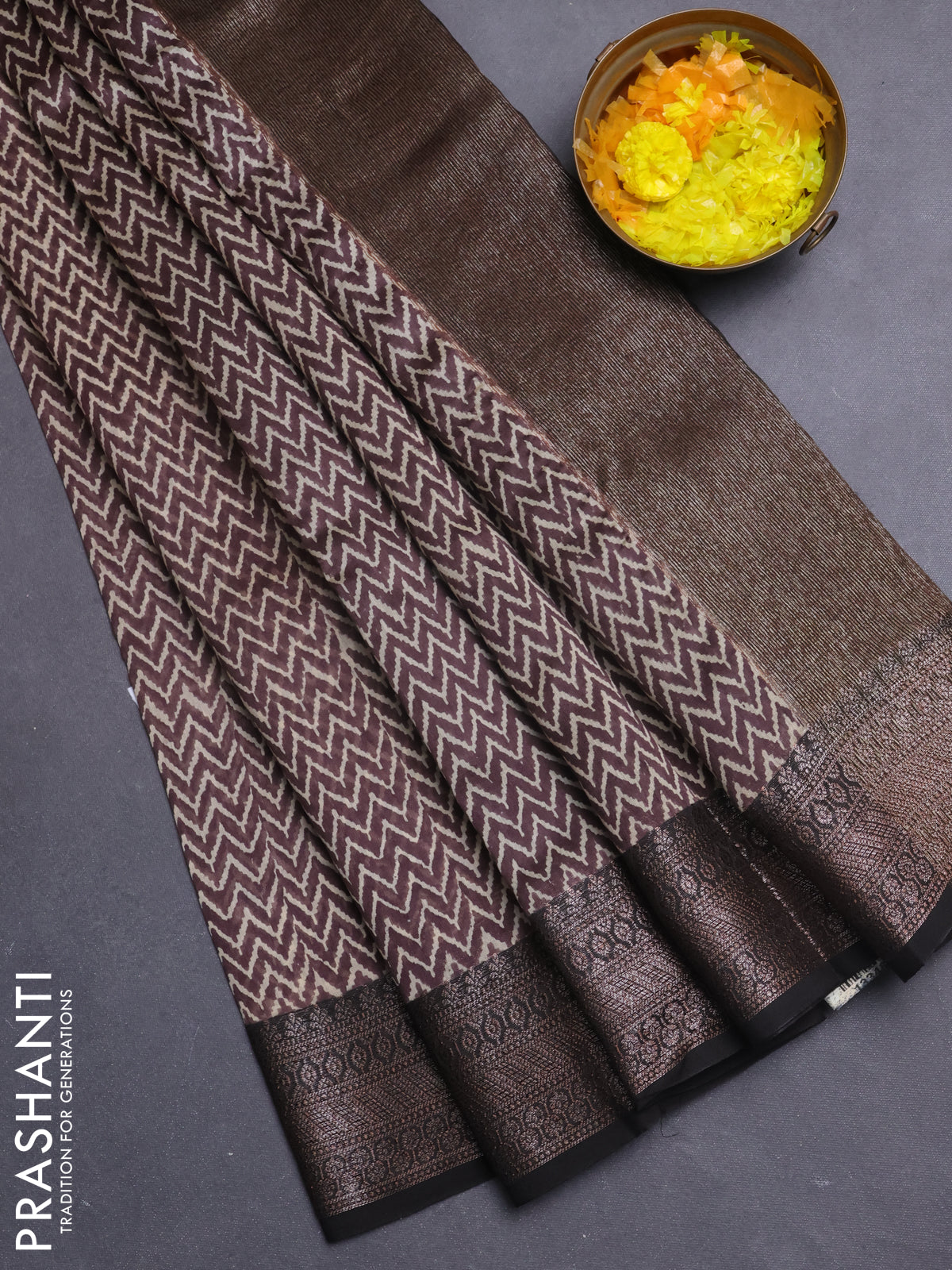 Chanderi silk cotton saree jamun shade and black with allover zig zag prints and banarasi style border