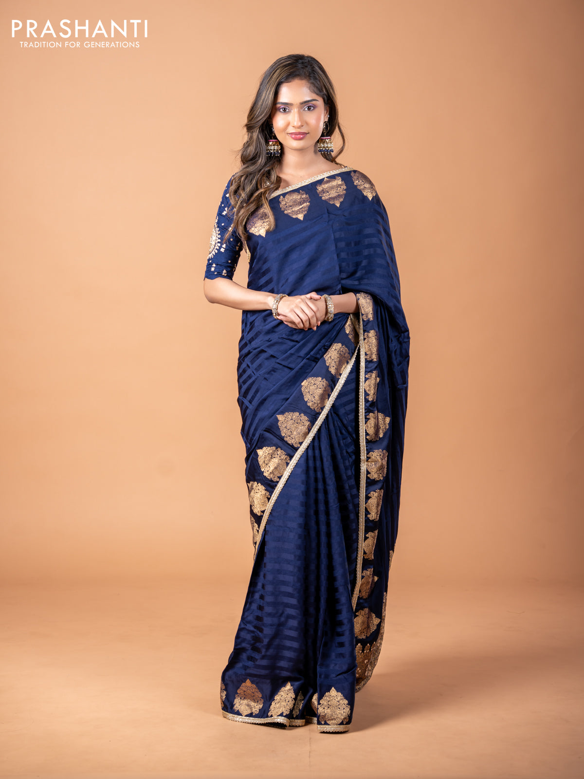 Banarasi crepe saree dark blue with stripes pattern and mirror work & banarasi style border
