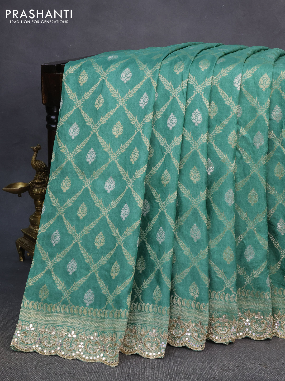 Banarasi silk saree teal green shade with allover banarasi zari weaves and gotapatti lace work border