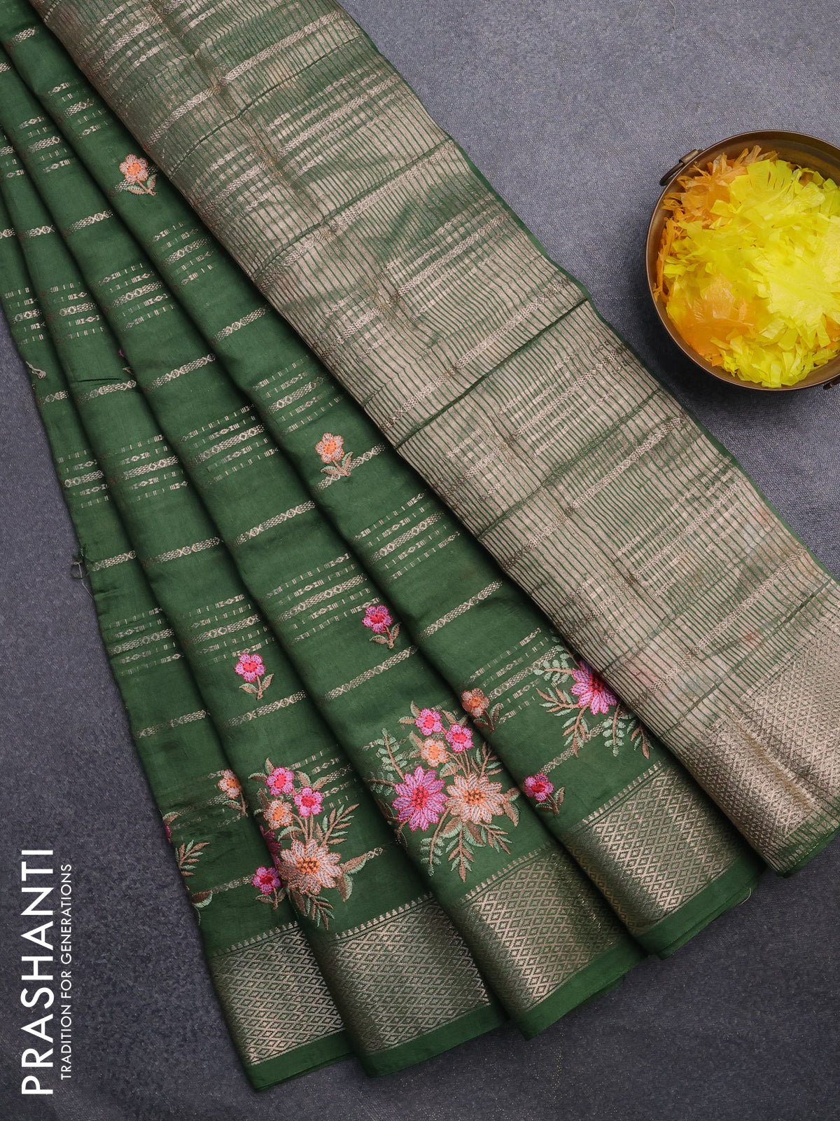 Assam silk saree green with allover zari weaves & embroidery work buttas and zari woven border
