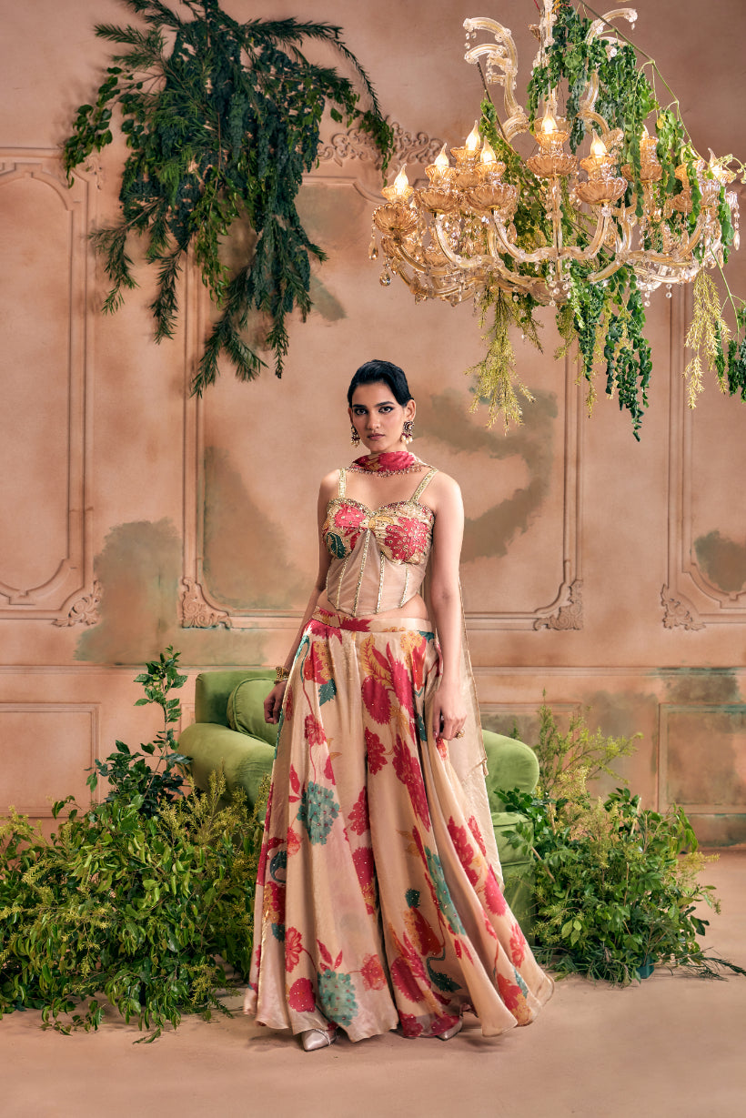 Beige Silk Floral Digital Printed Top And Palazzo With Duppata