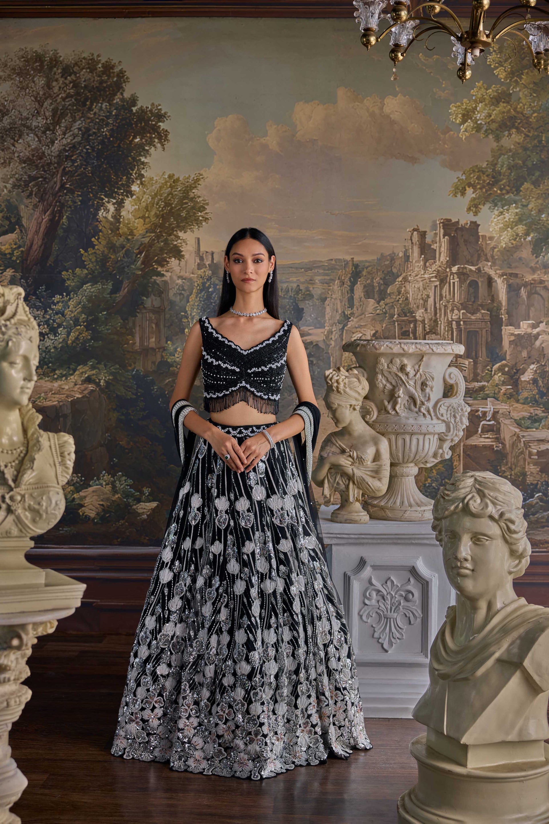 Black Net Heavy Hand Embroidery Ghagra Set