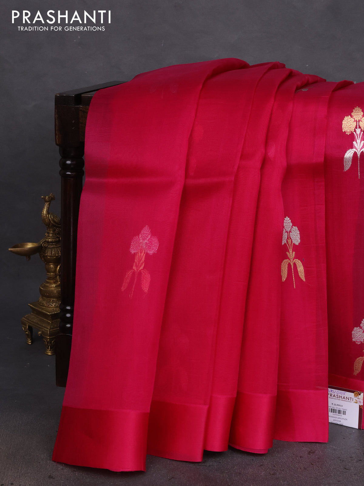 Banarasi organza silk saree pink with zari woven floral buttas and simple border