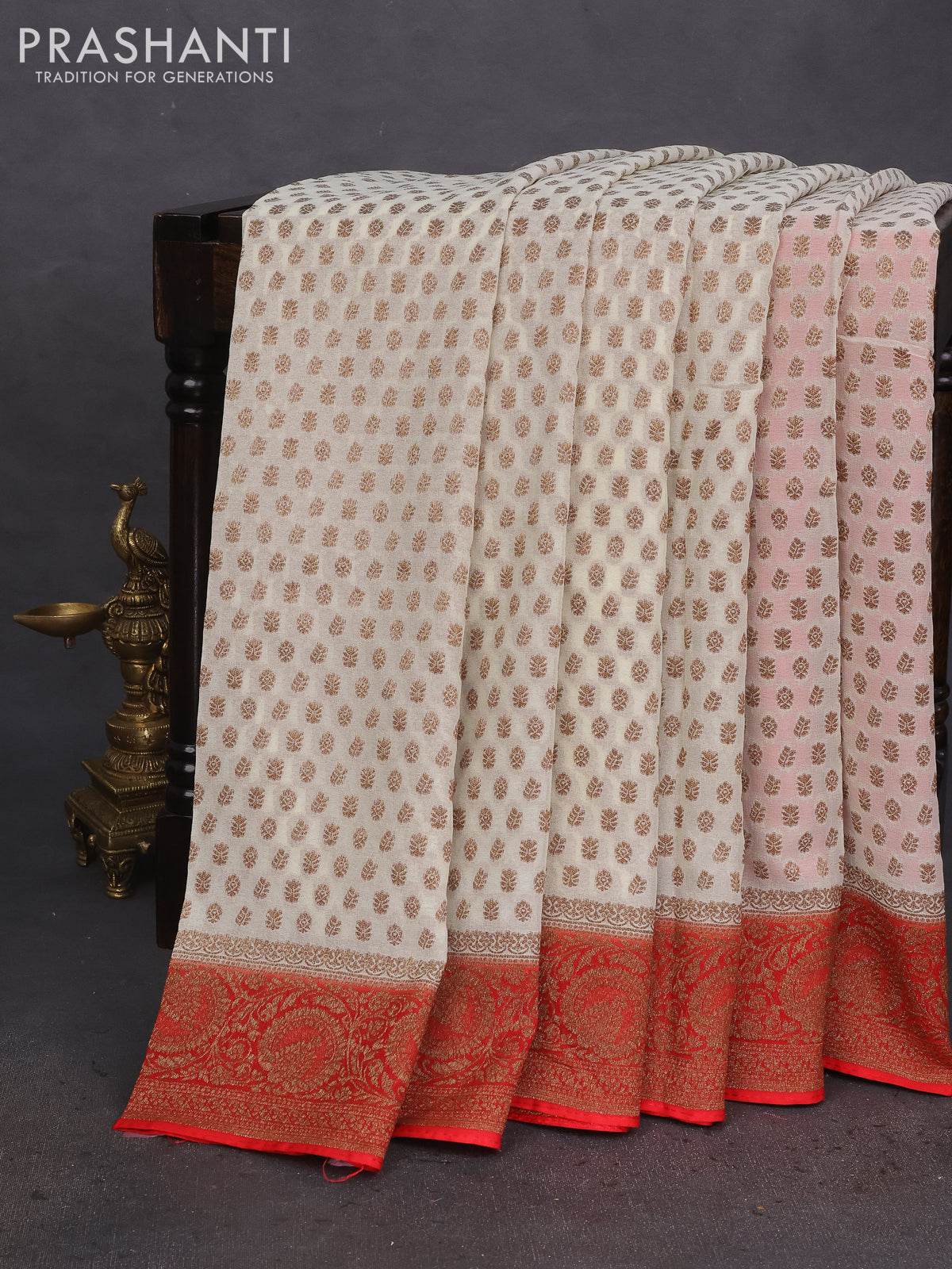 Banarasi semi georgette saree beige and red with allover thread & zari woven buttas and woven border