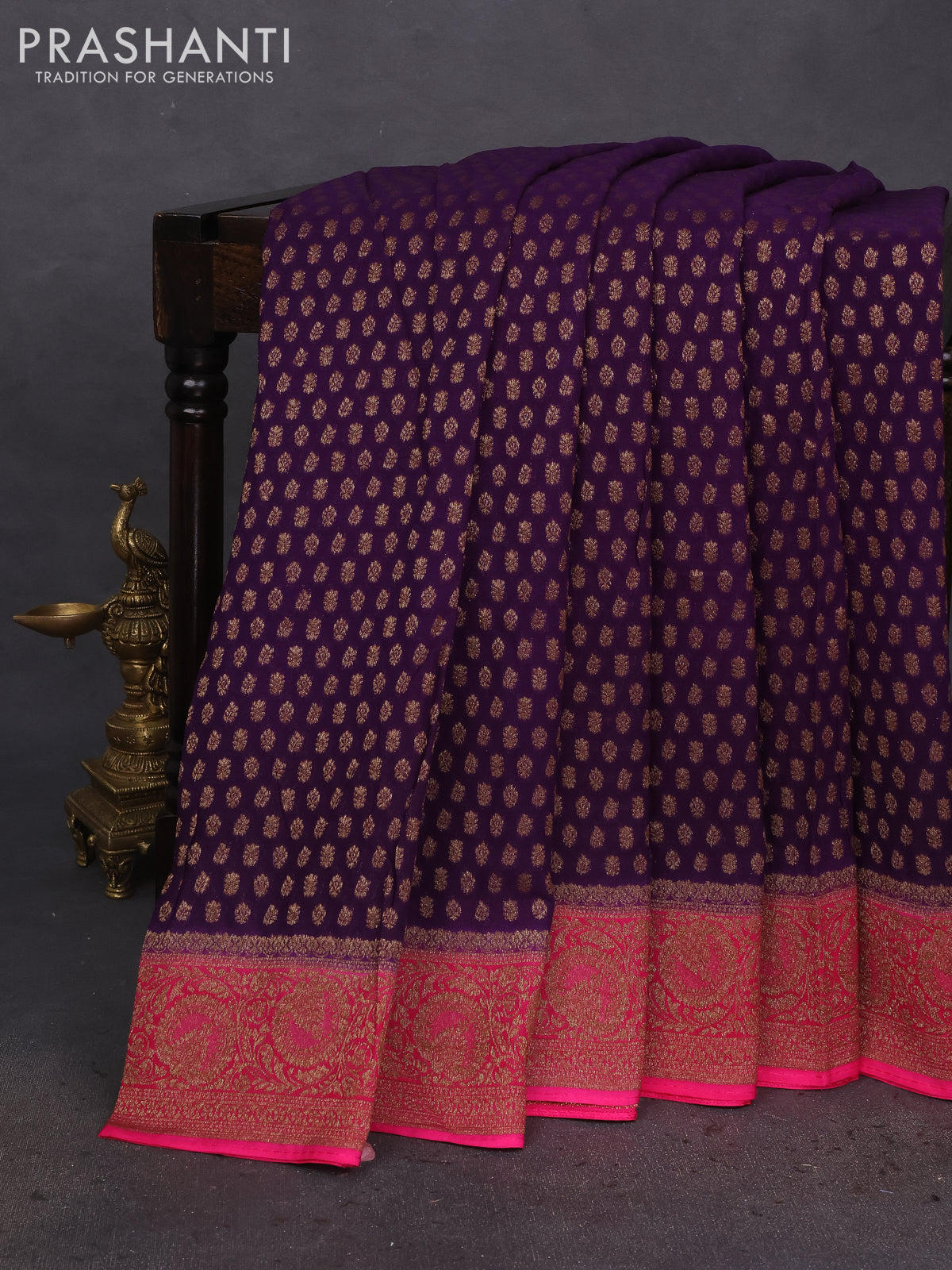 Banarasi semi georgette saree violet and pink with allover thread & zari woven buttas and woven border