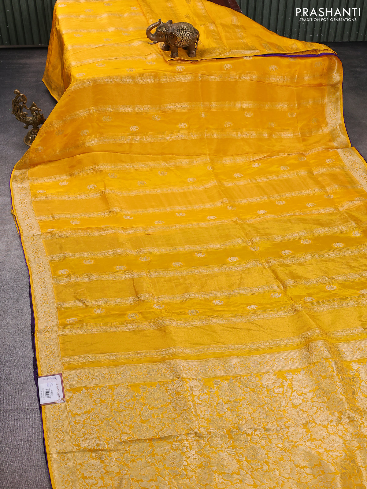 Banarasi silk saree mustard yellow and violet with allover zari weaves and zari woven border