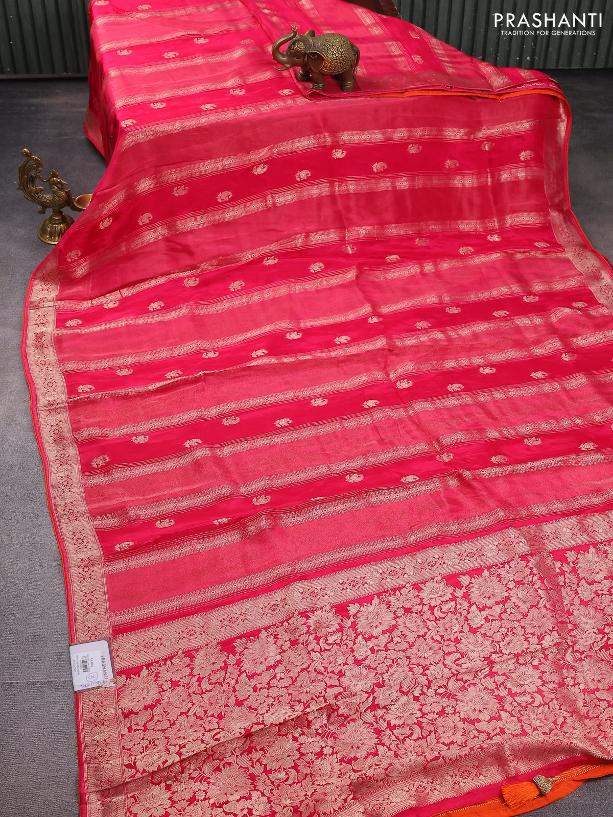 Banarasi silk saree pink and orange with allover zari weaves and zari woven border