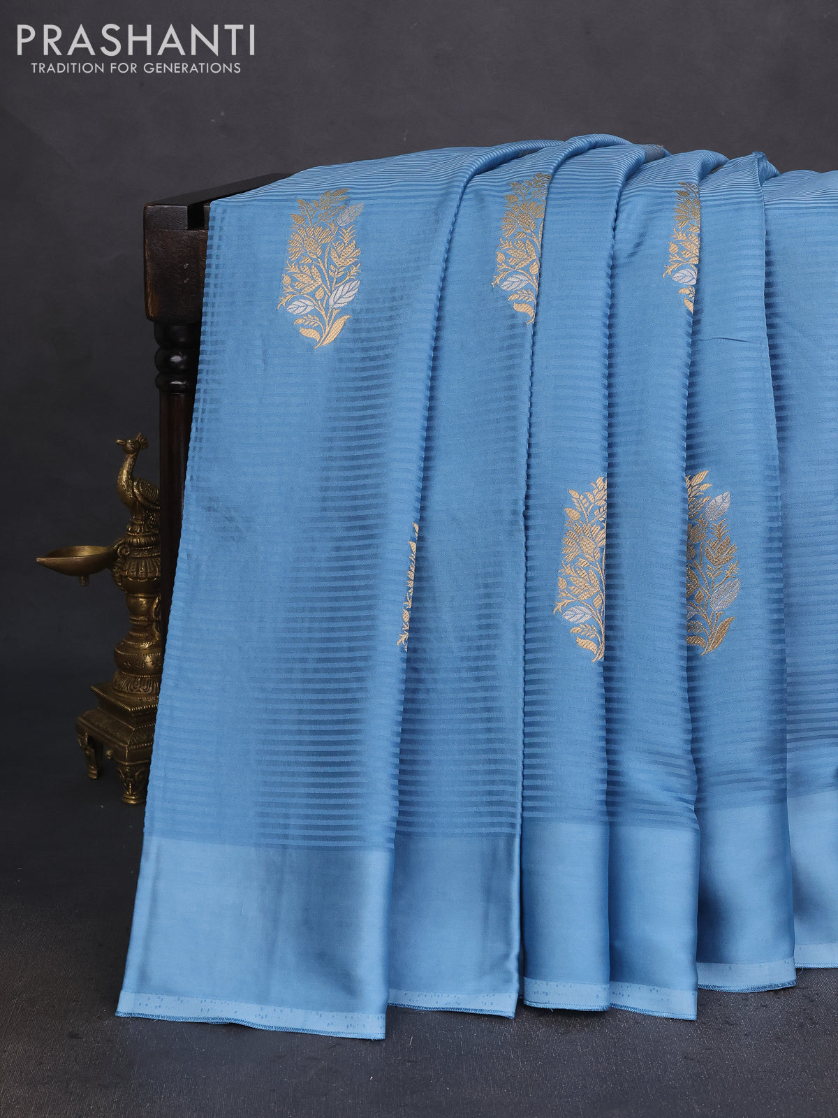 Banarasi mushru silk saree light blue with allover stripes pattern & zari weaves and satin border