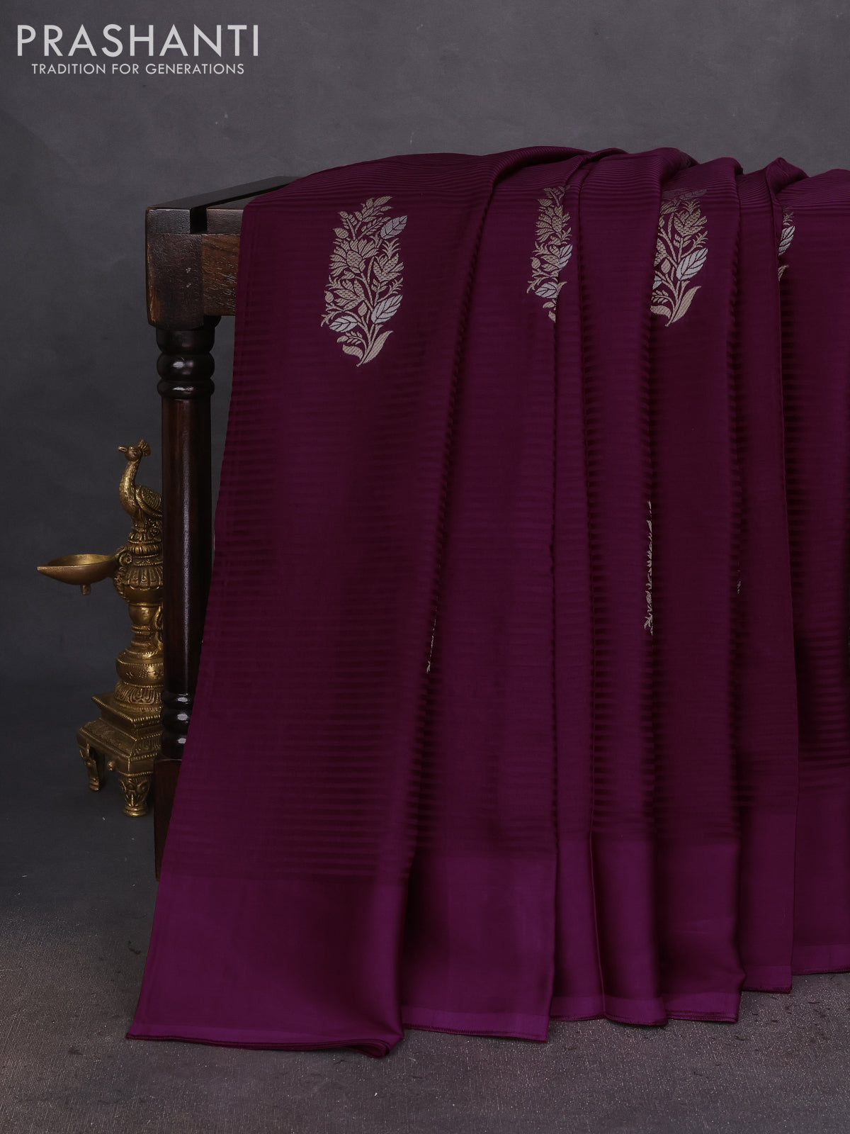 Banarasi mushru silk saree wine shade with allover stripes pattern & zari weaves and satin border