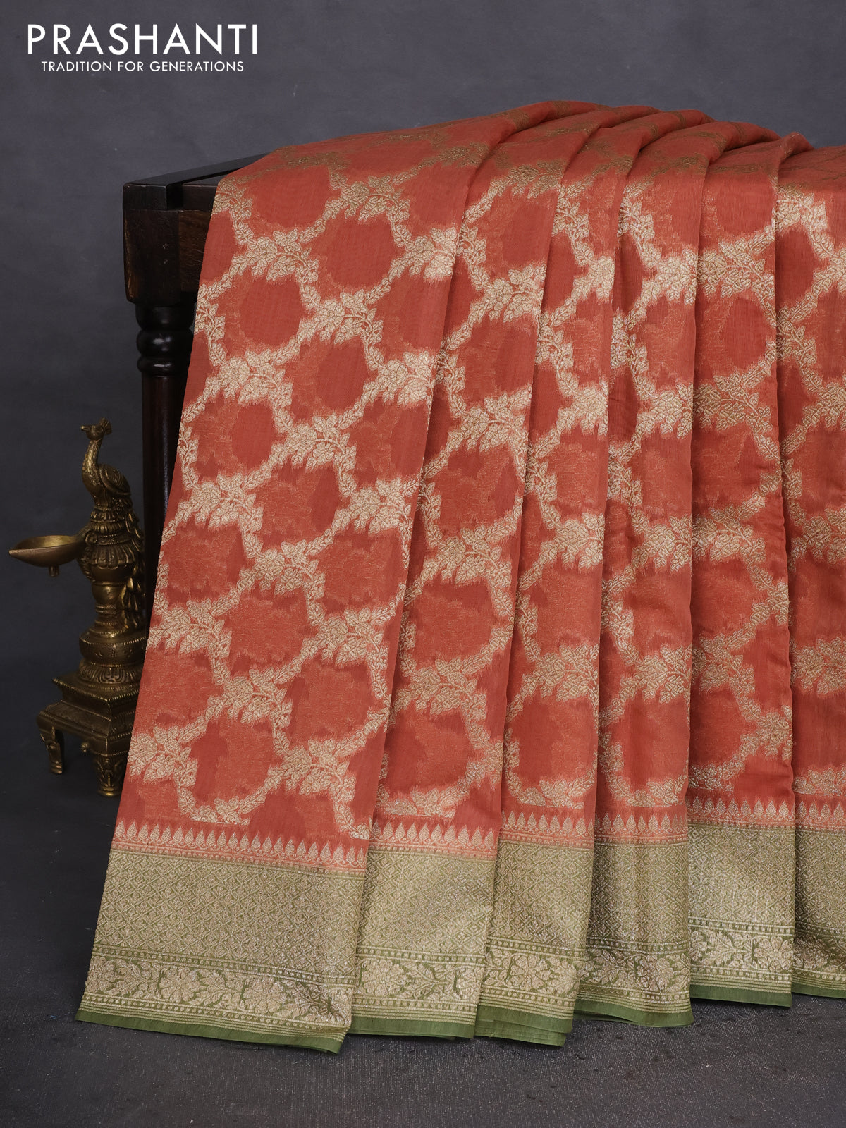 Banarasi silk cotton saree rust shade and sap green with allover thread & zari weaves and woven border
