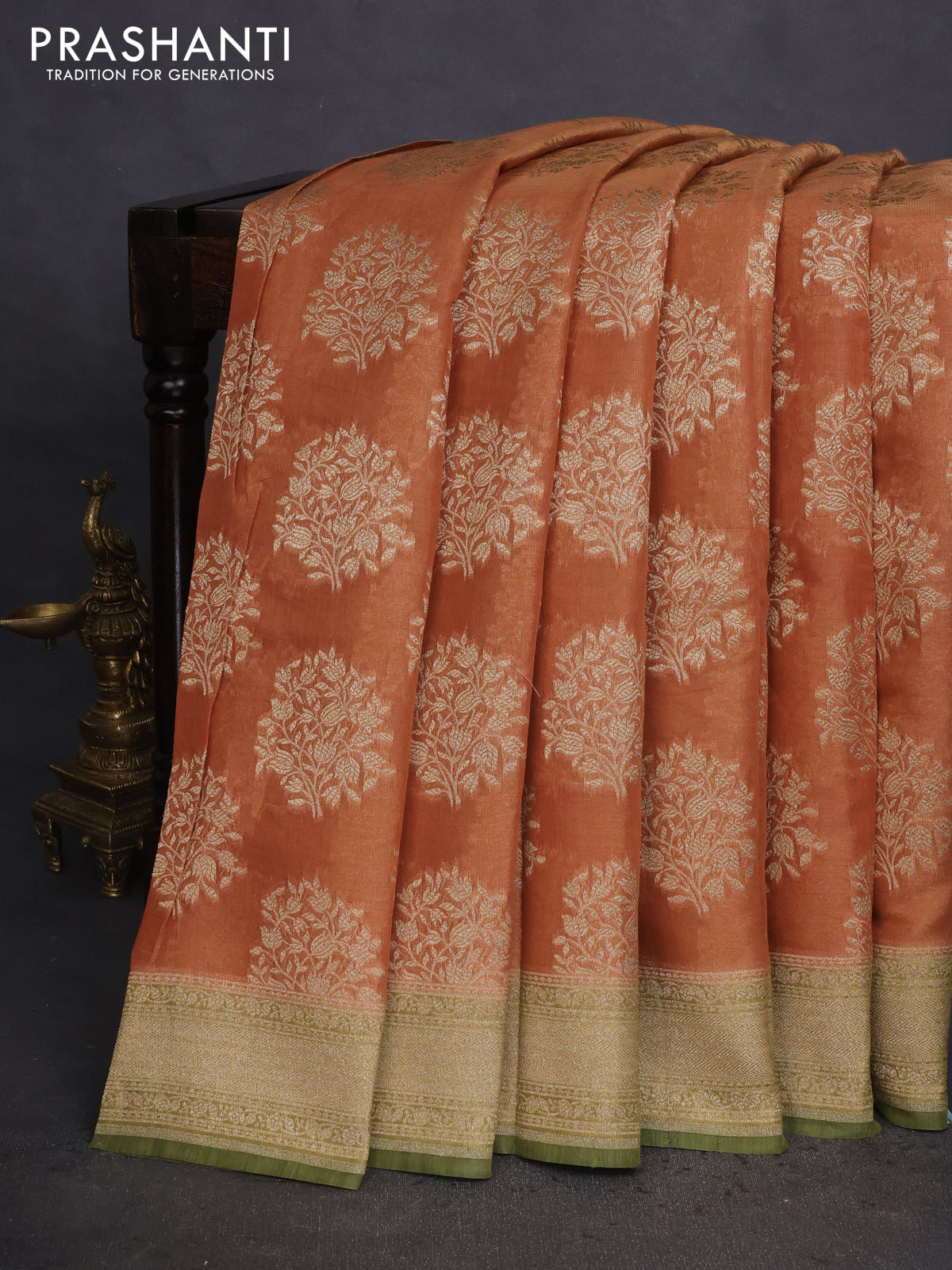 Banarasi tissue silk cotton saree rust shade and sap green with allover thread & zari woven butta weaves and woven border