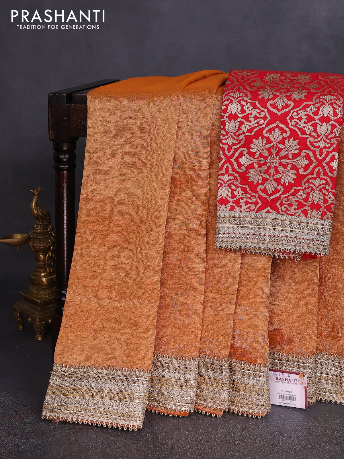 Banarasi tissue saree rust shade and red with plain body and lace work border