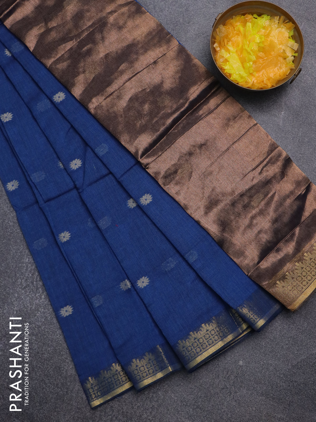 Bengal soft cotton saree cs blue with thread woven buttas and zari woven border