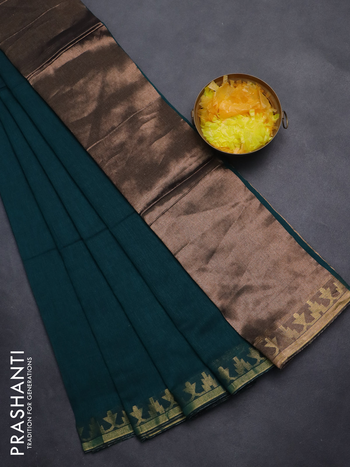 Bengal soft cotton saree peacock green with plain body and zari woven border