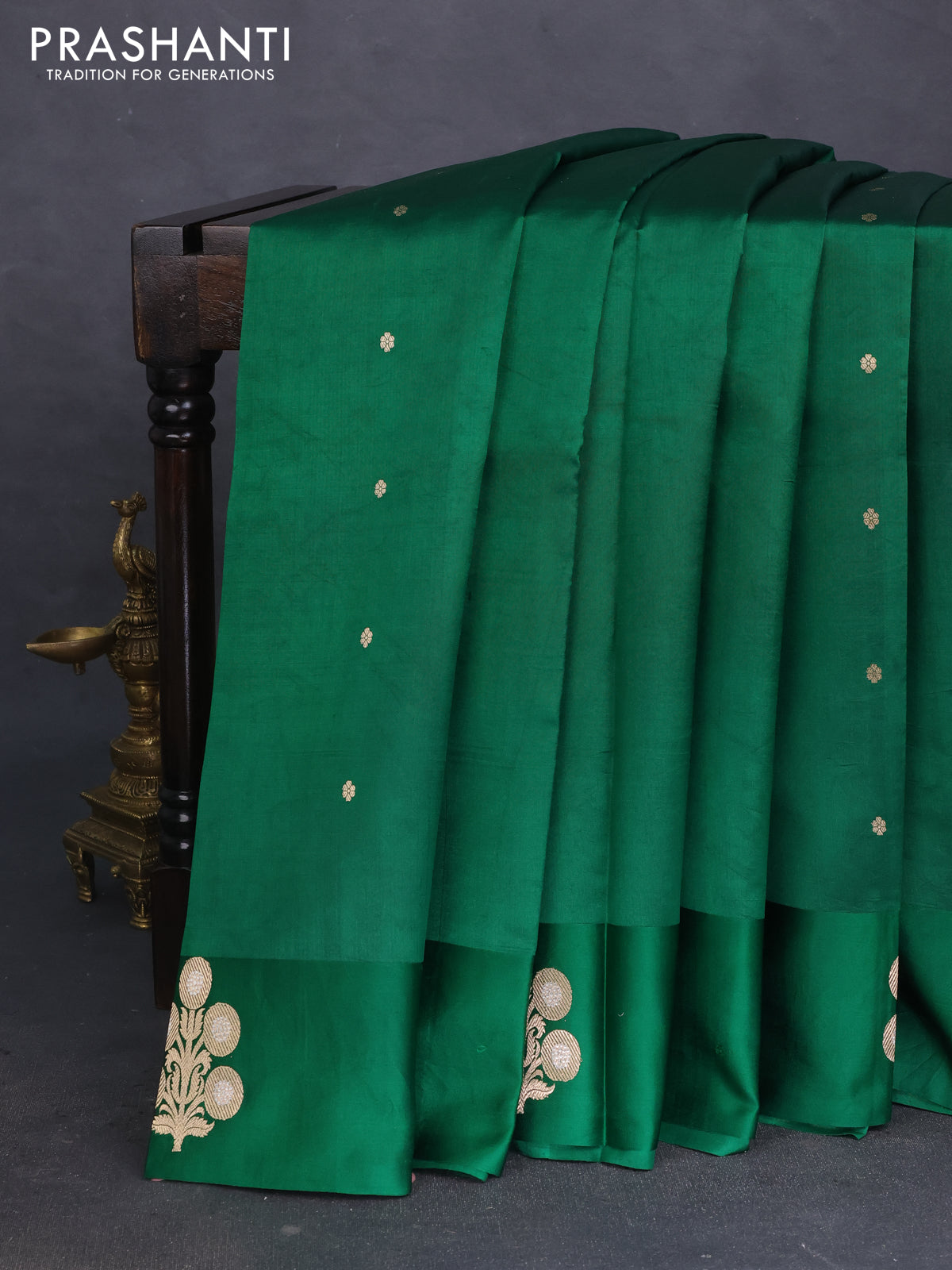 Banarasi poona silk saree green with zari woven buttas and zari woven butta border