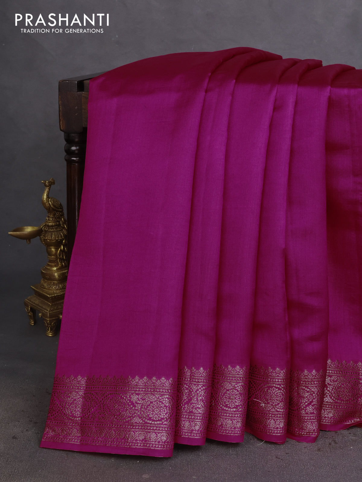 Chiniya silk saree magenta pink and black with plain body and woven border