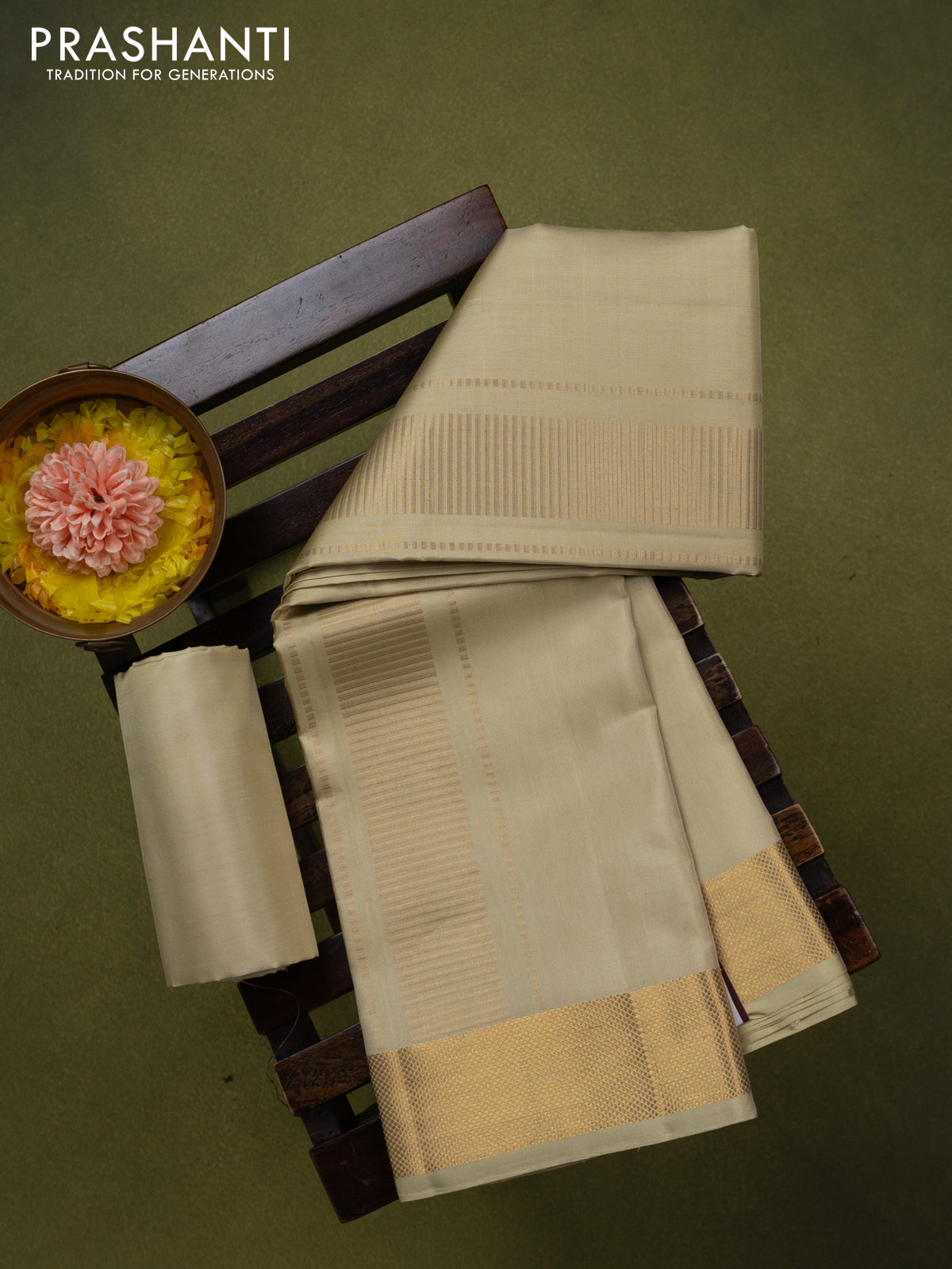 9x5 Pure silk dhoti and matching shirt bit cream with zari woven border