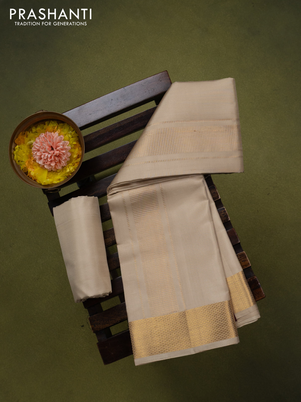 9x5 Pure silk dhoti and matching shirt bit cream with zari woven border