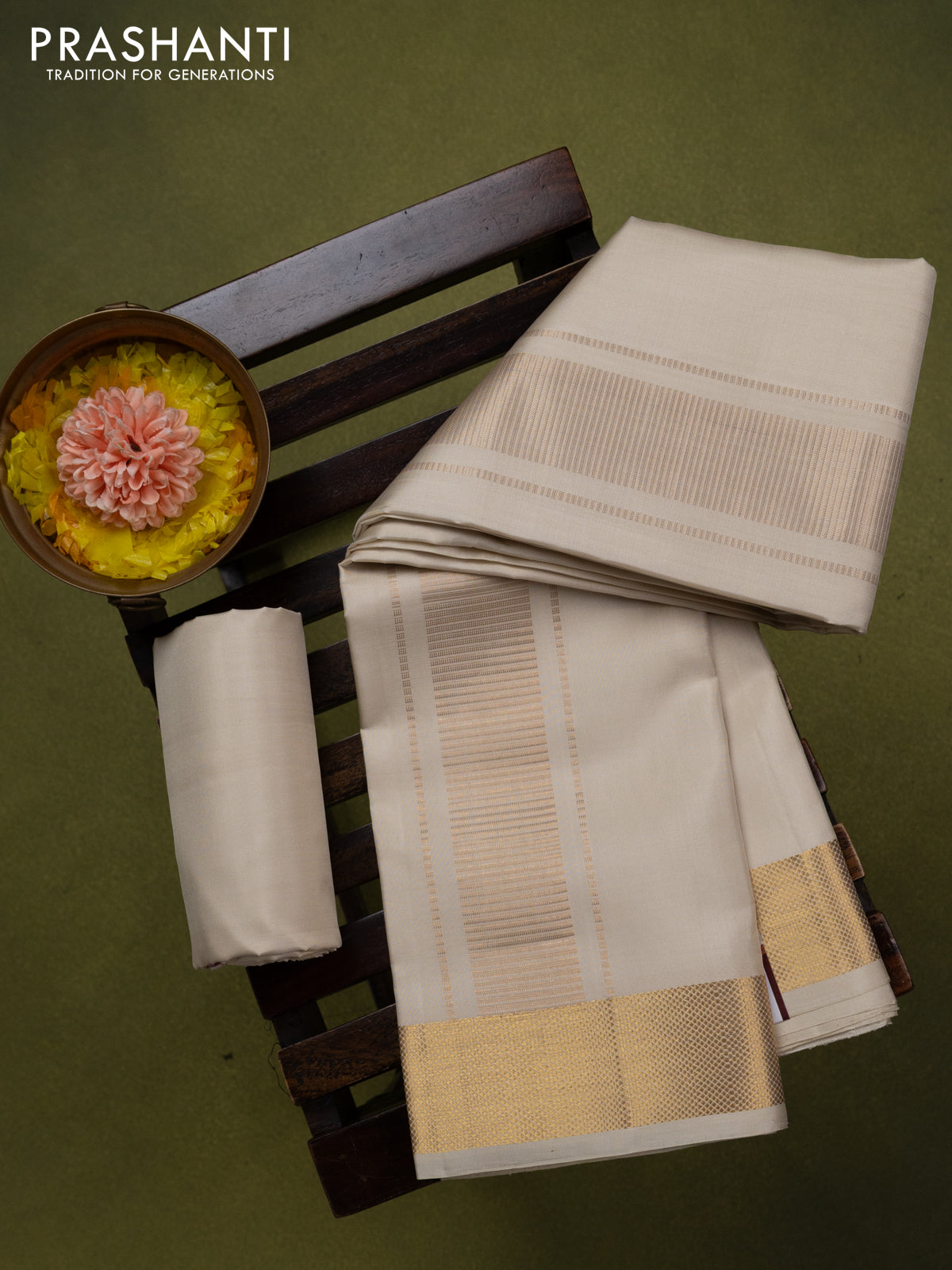 9x5 Pure silk dhoti and matching shirt bit off white with zari woven border