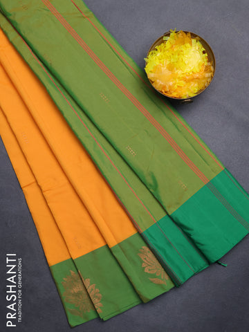 Arani semi silk saree mango yellow and dual shade of green with copper zari woven buttas and copper zari woven butta border
