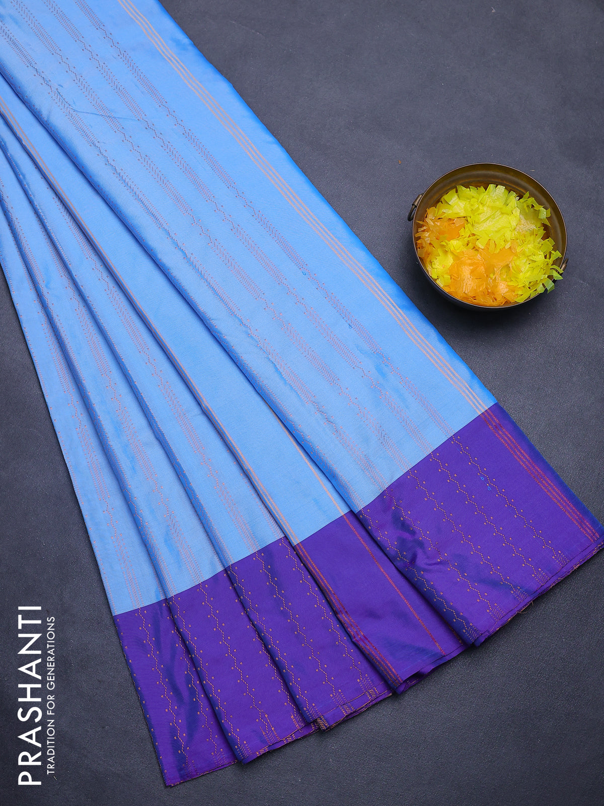 Arani semi silk saree blue and dual shade of violet with allover copper zari weaves and zari woven border