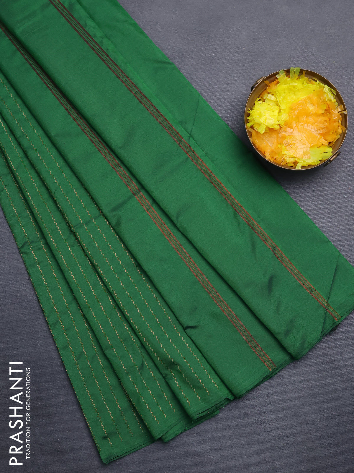 Arani semi silk saree green with allover copper zari weaves in borderless style