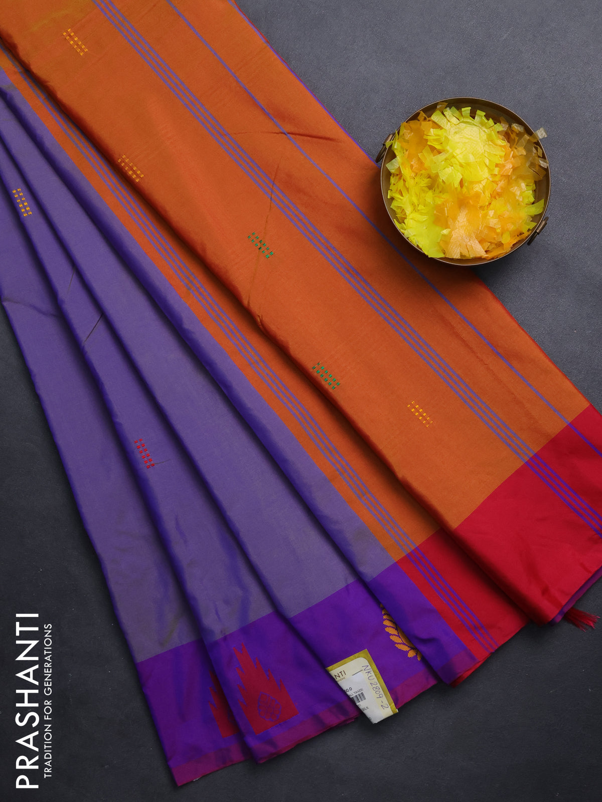 Arani semi silk saree dual shade of violet and dual shade of orange with thread woven buttas and thread woven butta border