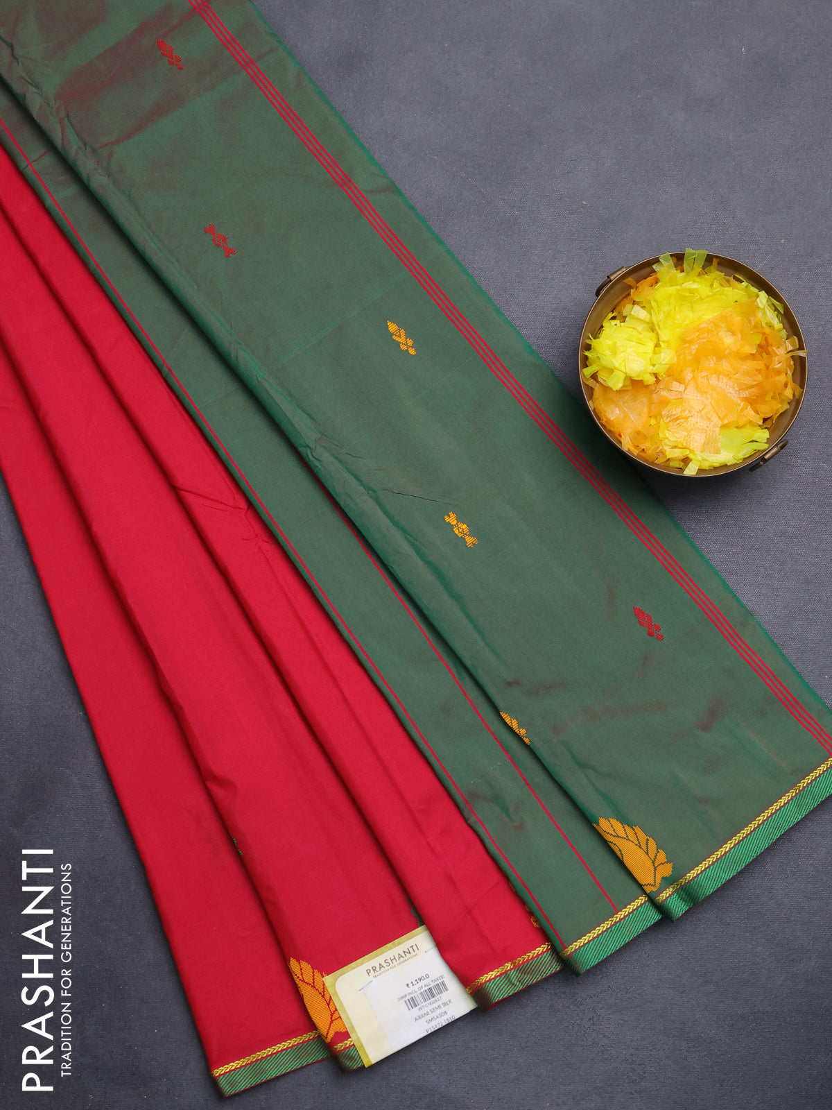 Arani semi silk saree reddish pink and green with thread woven buttas and thread woven butta border