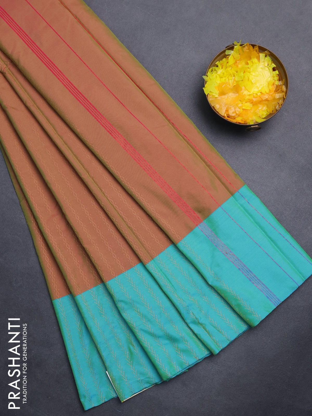 Arani semi silk saree dual shade of greenish pink and teal blue with allover copper zari weaves and copper zari woven border