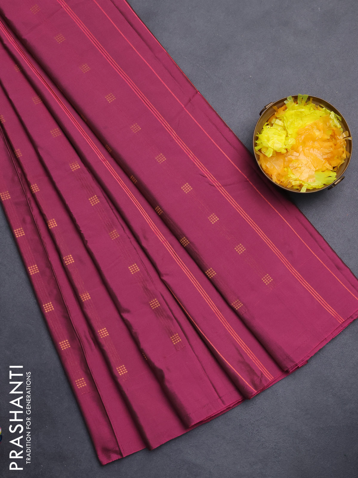 Arani semi silk saree magenta pink with copper zari woven buttas in borderless style