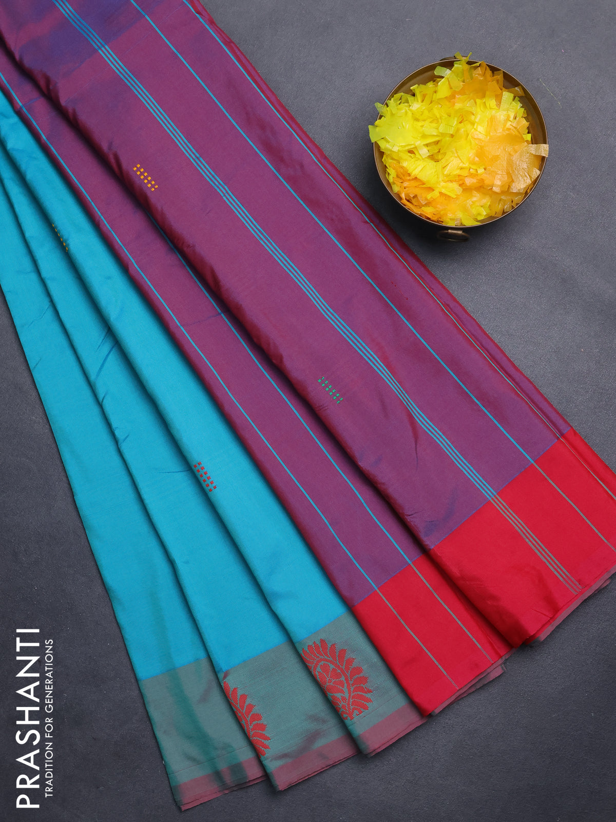 Arani semi silk saree teal blue shade and pink with thread woven buttas and thread woven butta border