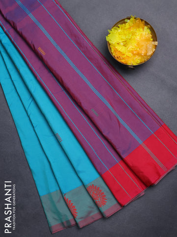 Arani semi silk saree teal blue shade and pink with thread woven buttas and thread woven butta border