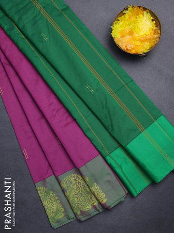 Arani semi silk saree purple and dual shade of green with zari woven buttas and paisley zari woven butta border