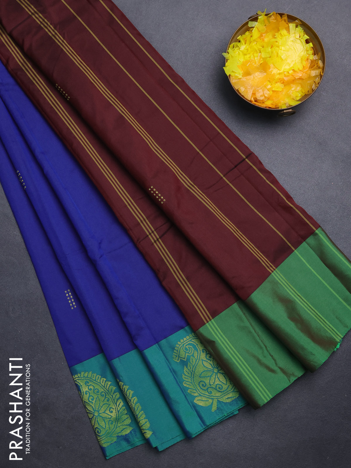 Arani semi silk saree blue shade and green with zari woven buttas and paisley zari woven butta border