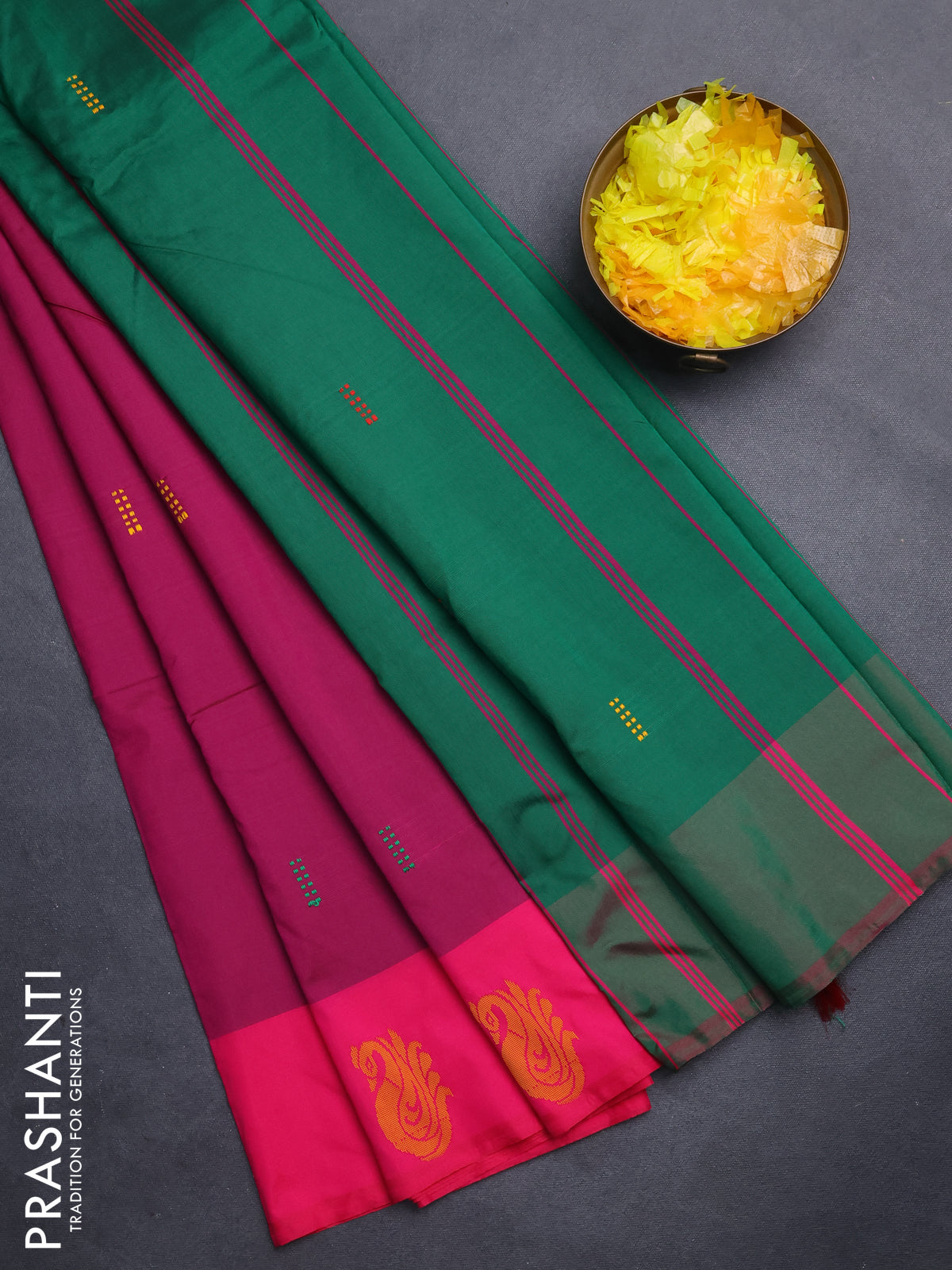 Arani semi silk saree magenta pink and dual shade of green with thread woven buttas and thread woven butta border