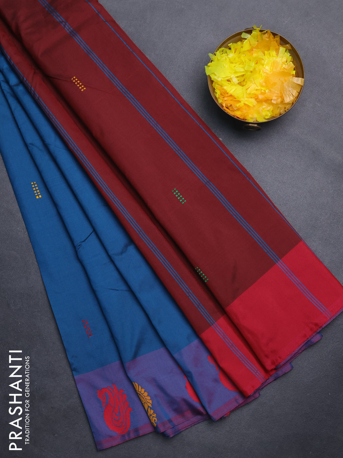 Arani semi silk saree cs blue and maroon with thread woven buttas and thread woven butta border
