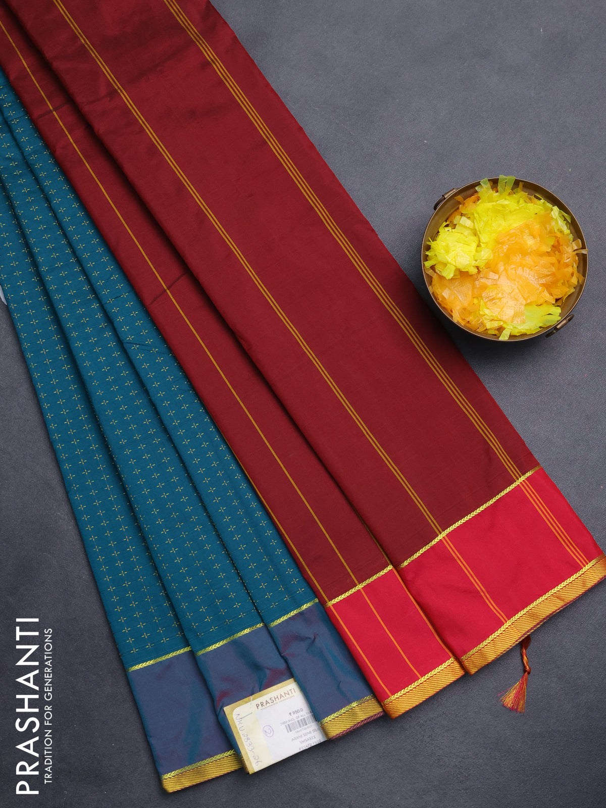 Arani semi silk saree peacock green and maroon with allover thread weaves and rettapet zari woven border`