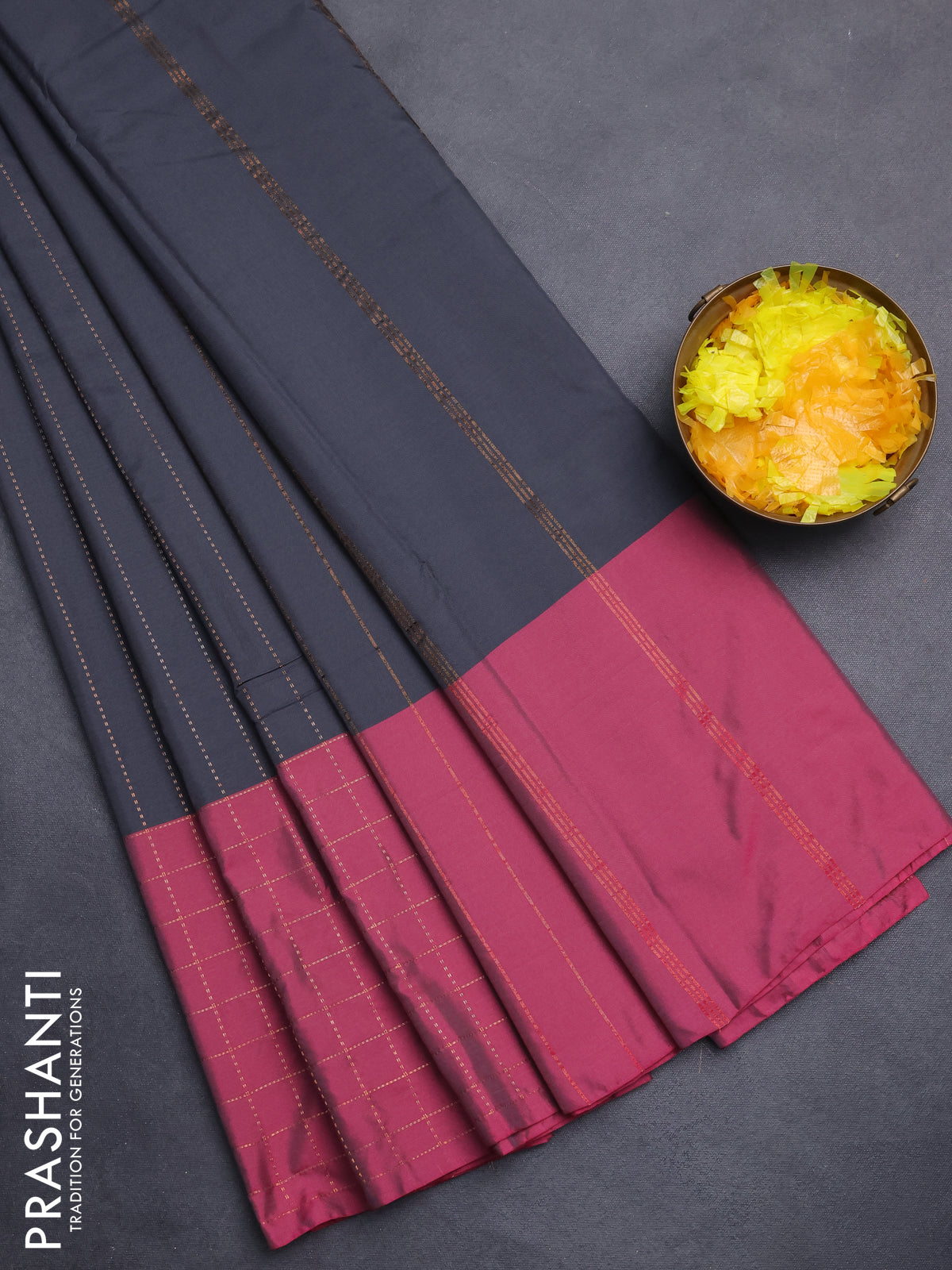 Arani semi silk saree dark grey and dark maagenta pink with allover copper zari weaves and zari checked border