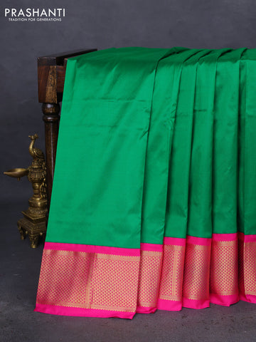 10 Yards silk saree green and pink with plain body and zari woven border