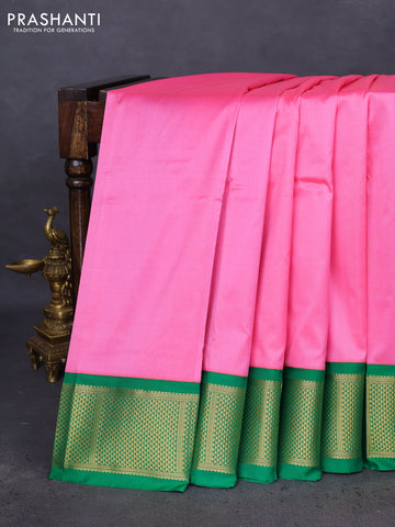 10 Yards silk saree candy pink and green with plain body and zari woven border
