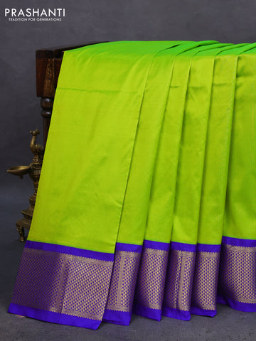 10 Yards silk saree fluorescent green and blue with plain body and zari woven border