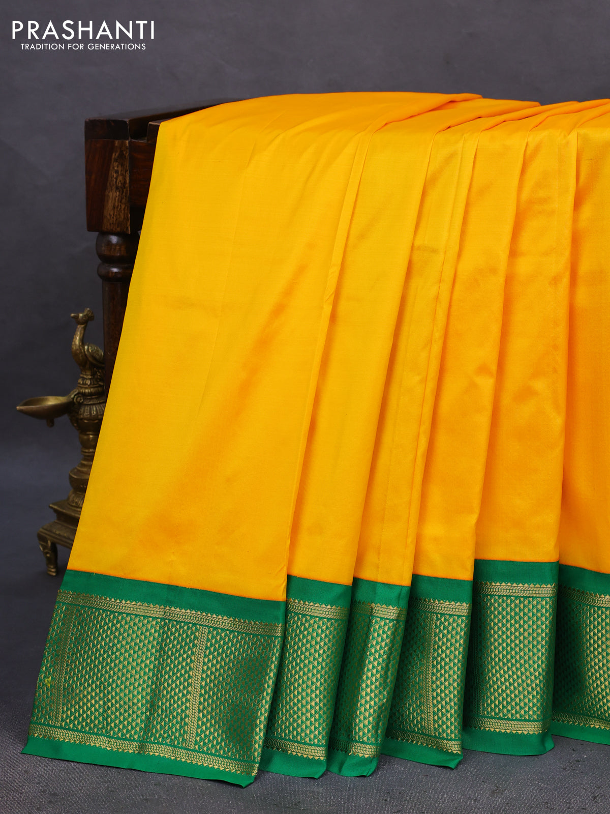 10 Yards silk saree mango yellow and green with plain body and zari woven border