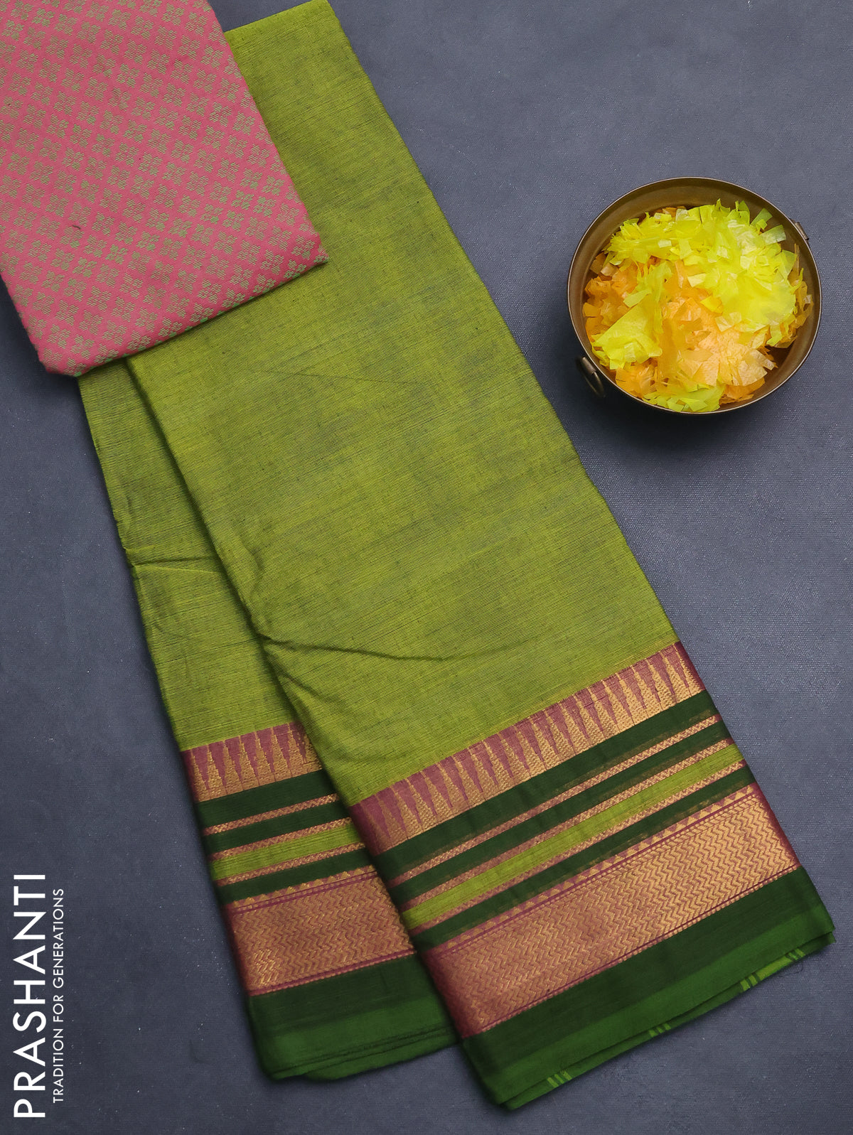 Chettinad cotton saree green and sap green pink with plain body and long zari woven border
