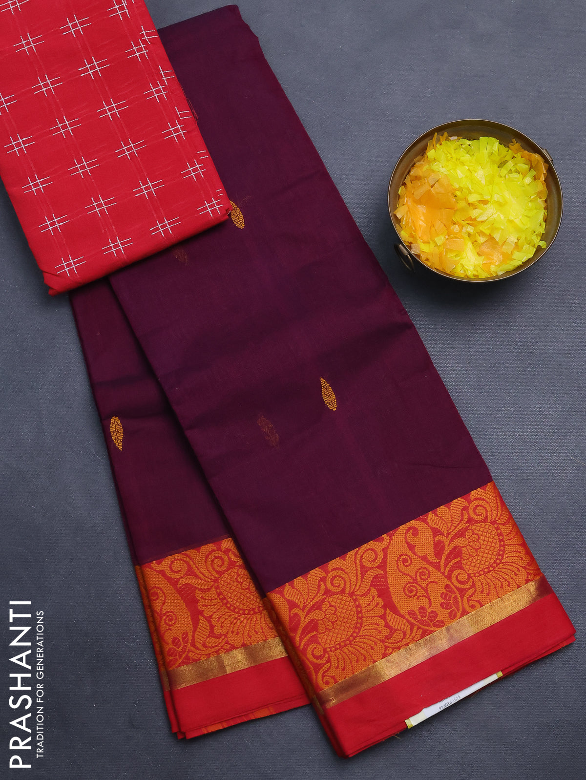 Chettinad cotton saree dark magenta pink and red with thread woven buttas and thread woven border