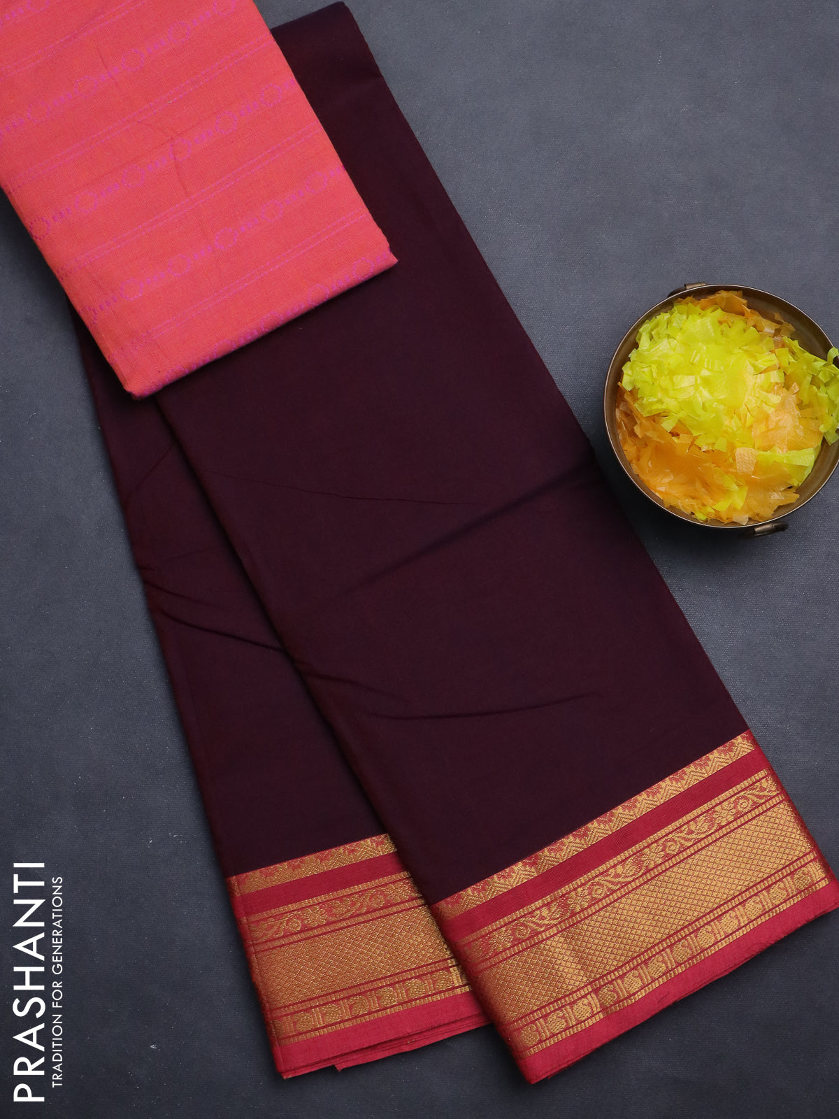 Chettinad cotton saree wine shade and peach pink with plain body and zari woven border