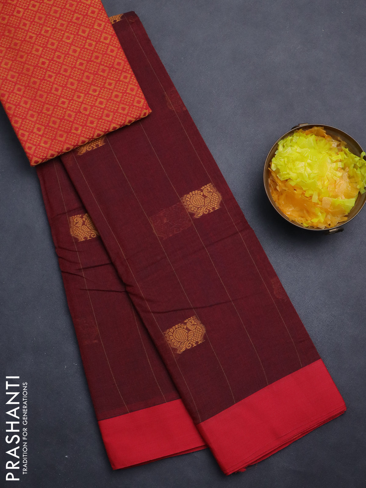 Chettinad cotton saree deep maroon and red with allover stripe pattern & thread woven buttas and simple border