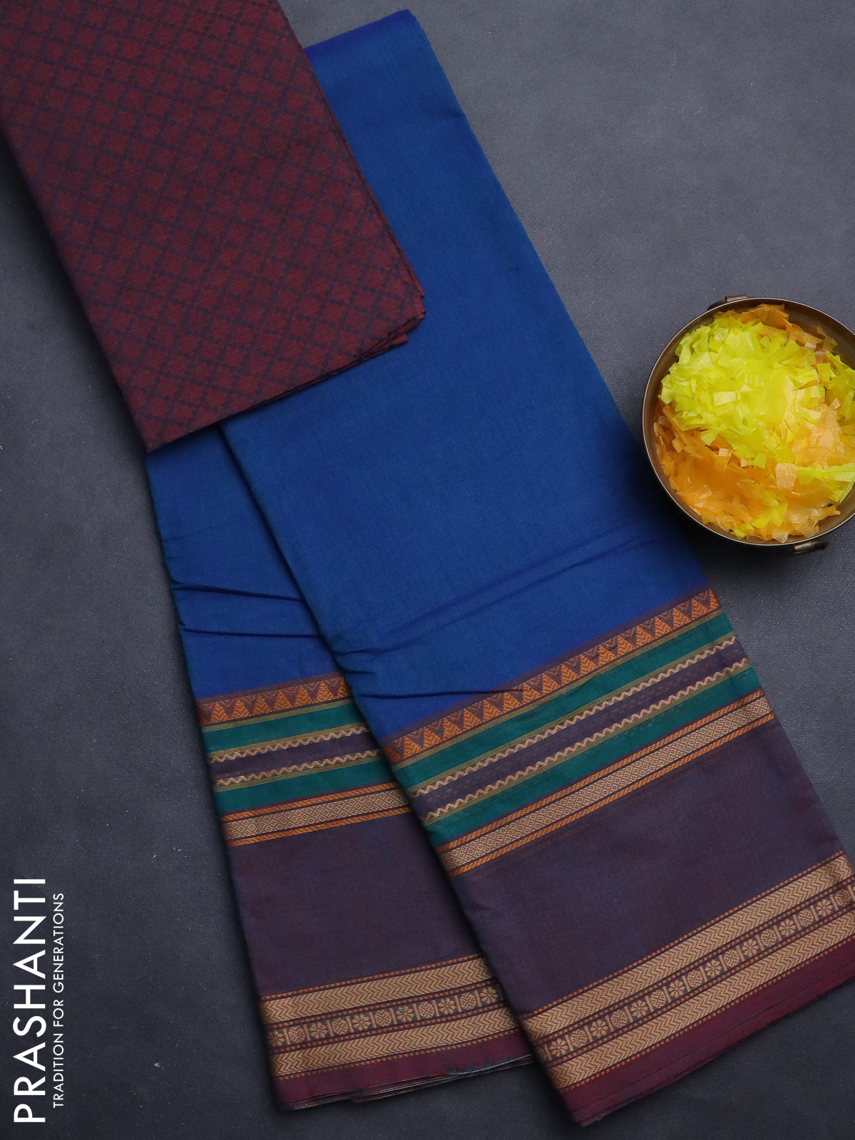 Chettinad cotton saree cs blue and rust shade with plain body and long rettapet thread woven border