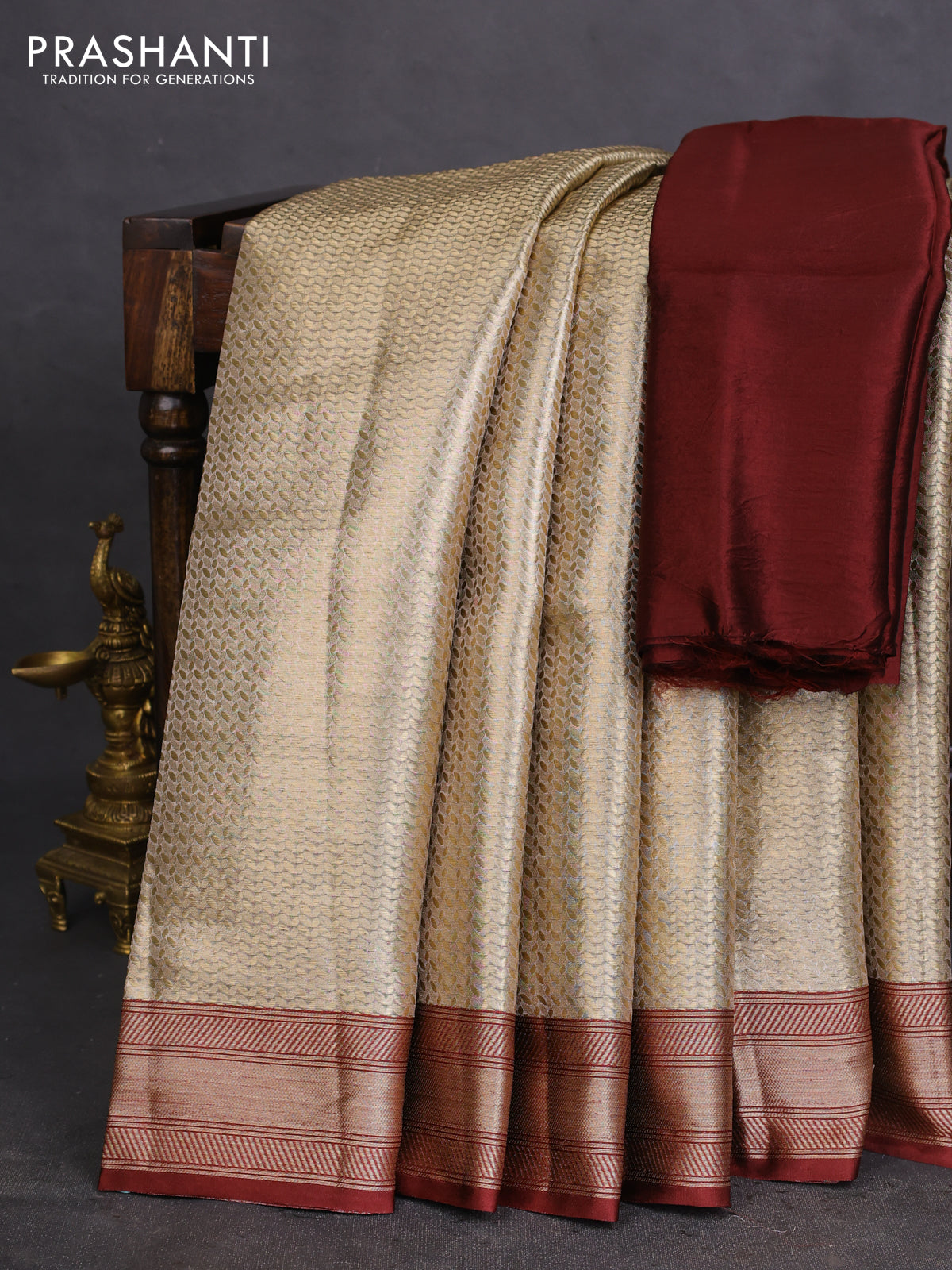Banarasi tissue silk saree gold and maroon with allover zari woven brocade weaves and zari woven border